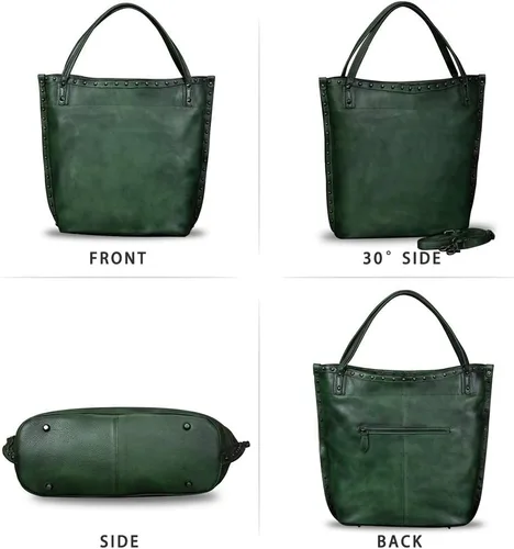 Vista 4 de Bolso de hombro grande de cuero genuino para mujer, bolso de mano vintage de cuero real y bolsos de mano, bolso cruzado
