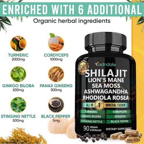 Vista 3 de Adndale Shilajit para hombres y mujeres. Cápsulas puras de Shilajit orgánicas del Himalaya con musgo marino Ashwagandha Rhodiola Rosea melena