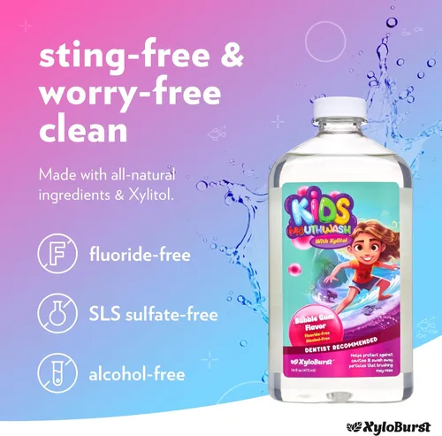 Vista 2 de Xyloburst Oral Rinse Kids Enjuague Bucal - Enjuague bucal con xilitol natural, enjuague bucal sin flúor con aloe vera, sin alcohol, 16 onzas líquidas