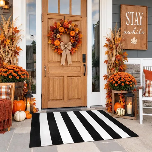 Vista 16 de KIMODE - Alfombra de algodón tejida con diseño a rayas en color negro, para puerta de entrada, cocina, decoración de estilo rústico