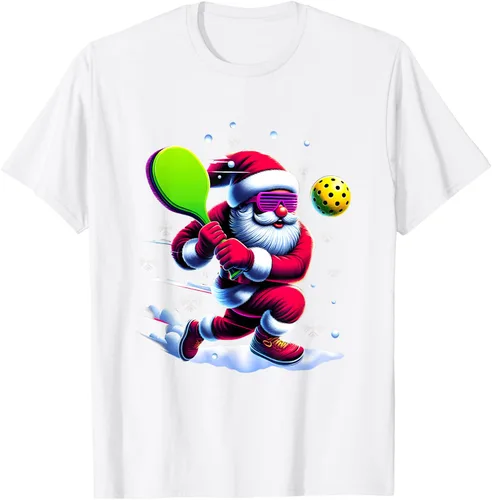 Vista 52 de Pickle Ball Navidad Santa Deporte Jugador Padel Raqueta Snow Camiseta Negro