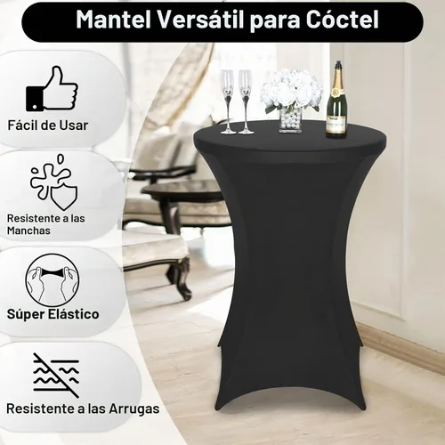 Vista 2 de FestiCorp Mantel de Mesa Negro de Spandex, Manteles Ajustados para Cóctel, Manteles Elásticos Redondos para Mesa Alta para Fiestas, Bar, Bodas
