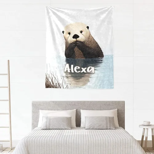 Vista 3 de Manta con diseño de animales de nutria linda con nombre para cama, sofá, manta de forro polar súper suave para regalo, para bebés, niños y adultos