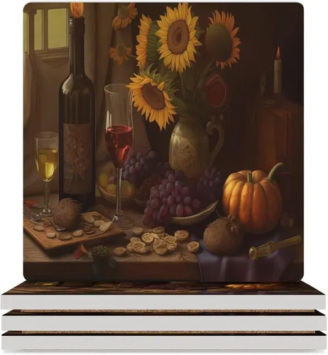 Vista 49 de 4 posavasos de vino tinto, cuadrados y modernos posavasos absorbentes de cerámica, estilo de pintura al óleo, vintage, vino tinto, uvas, rosa