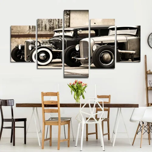 Vista 4 de CrmArt Póster modular HD impreso en lienzo, marcos de pintura para sala de estar, arte de pared, 5 piezas de Hot Rod vintage, fotos de automóvil