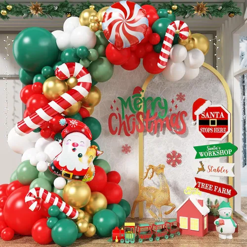 Vista 8 de Kit de guirnalda de arco de globos de Navidad, decoración de fiesta Rojo y verde