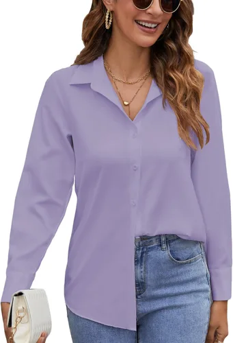 Vista 8 de Camisas de manga larga con botones para mujer, blusas casuales con cuello sin arrugas, para el trabajo, la oficina