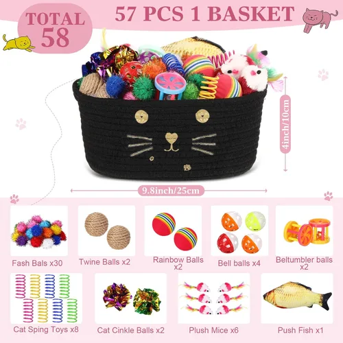 Vista 2 de Zopeal - Juego de 58 cestas de almacenamiento para gatos de verano, juguetes de regalo, bolas intermitentes coloridas para mascotas, bolas Negro