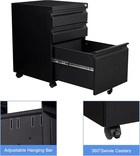 Vista 7 de Yizosh Archivador móvil de 3 cajones con cerradura, archivador negro debajo del escritorio, archivador con bloqueo de metal sobre ruedas