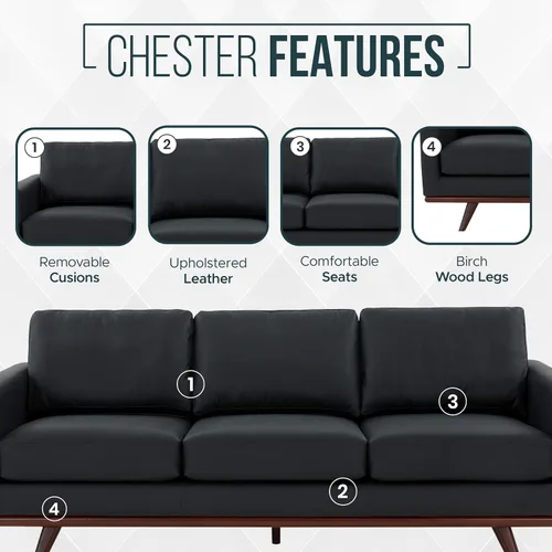 Vista 4 de LeisureMod Chester - Sofá moderno de cuero de 3 plazas con base de madera de abedul, sofá de sala de estar de mediados de siglo, 33.46 pulgadas