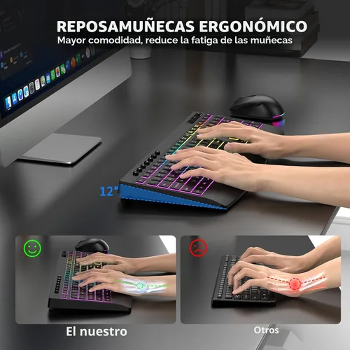 Vista 2 de Combo de teclado y mouse inalámbricos, 9 efectos retroiluminados, teclado retroiluminado recargable de 4000 mAh con reposamuñecas, mouse de 6