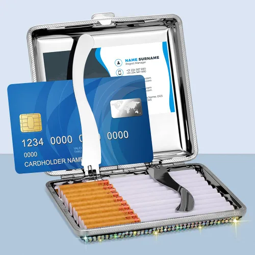 Vista 2 de SAVORI Estuche de cigarrillos para mujeres y hombres, soporte de cigarrillos de metal con cristales brillantes de doble cara, caja de cigarrillos AB