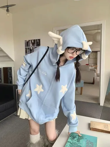 Vista 4 de grhaat Kawaii Angel Wings Star Sudadera con capucha Y2k Anime japonés cremallera Harajuku Casual Sudadera Cutecore Diseñador Streetwear