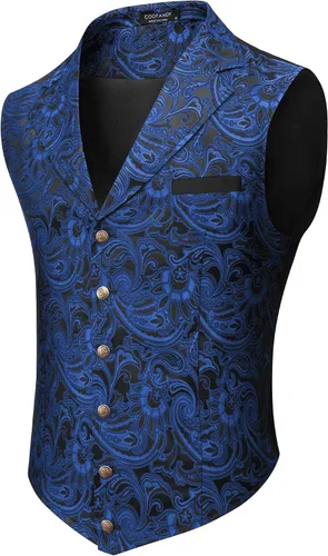 Vista 12 de COOFANDY - Chaleco para hombre, estilo victoriano y steampunk, con estampado paisley floral, gótico, para traje formal y esmoquin, con solapas