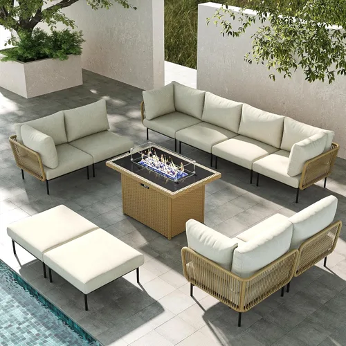 Vista 16 de LayinSun Juego de muebles de patio de aluminio de 7 piezas, sofá modular moderno con mesa auxiliar y cojín de grosor mejorado Gris claro