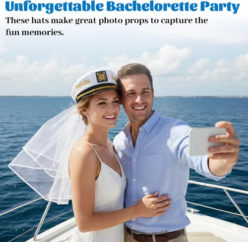 Vista 3 de MGupzao Sombrero de capitán de novia para despedida de soltera, sombreros de fiesta nupcial con velo, regalo de novia, fiesta en barco en la playa