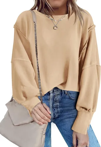 Vista 2 de Nirovien Sudadera de gran tamaño con cuello redondo para mujer, con abertura lateral, manga larga, ajuste holgado