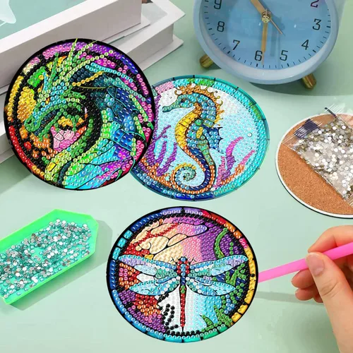 Vista 5 de Meothan Juego de 8 posavasos de arte de diamante para adultos con soporte, almohadillas de corcho, posavasos de arte de puntos de diamante de vidrio