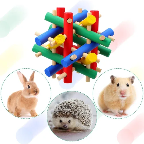 Vista 7 de Juguete masticable de conejo de 3 piezas, juguetes de chinchilla de madera para conejillos de indias, conejos de mascotas, hámster, erizo, animales