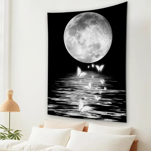 Vista 16 de LB Tapiz pequeño de luna llena sobre océano, tapiz de pared de cielo nocturno estrellado, fantasía 3D, arte de pared de luna grande en blanco