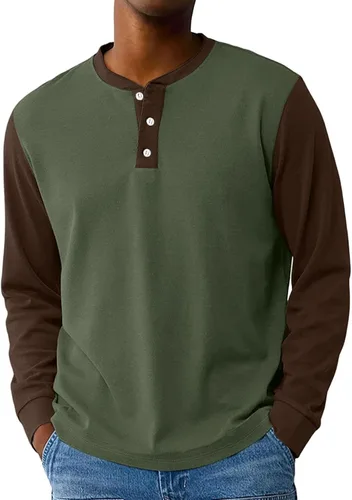 Vista 18 de Camisas de manga larga Henley con bloques de color para hombre, estilo casual, con botones, clásica, suave, transpirable
