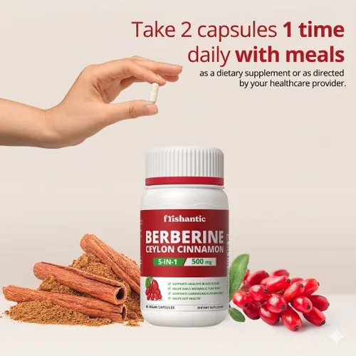 Vista 6 de Berberina HCL de 500 mg con canela de Ceilán, soporte metabólico 5 en 1 con BioPerine®, ALA y cromo, apoyo energético y bienestar, 60 cápsulas