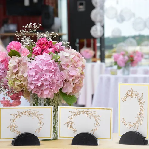 Vista 5 de Maitys 48 soportes de madera para números de mesa de boda, soporte para nombre de mesa de boda, diseño semicircular, tarjeteros con 48 tarjetas