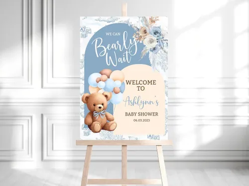 Vista 23 de Letrero de bienvenida de oso de peluche para baby shower, cartel de bienvenida de bienvenida de baby shower, letrero de bienvenida al baby shower