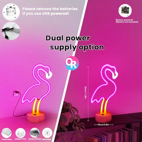 Vista 2 de UrsaMajor Luz de neón de flamenco, paquete de 2 letreros de neón LED de flamencos rosados para decoración de habitación de niñas, funciona