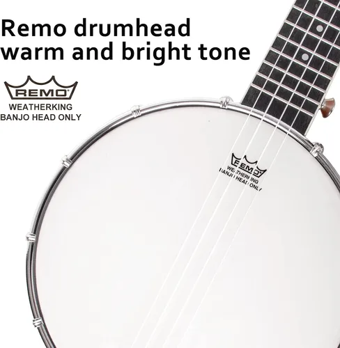 Vista 3 de Banjolele, Sapele Travel Banjolele 26 pulgadas 4 cuerdas lotmusic Remo Drumhead espalda abierta con kit para principiantes cuerda extra Allen Wrench