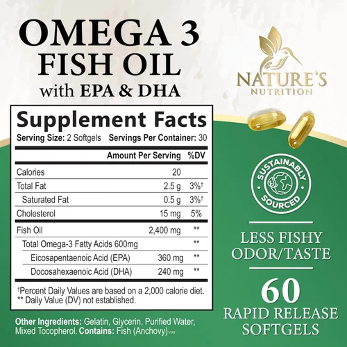 Vista 2 de Suplementos de aceite de pescado Omega 3 – 2400 mg de aceite de pescado por porción – Omega-3 de triple fuerza con ácidos grasos EPA y DHA – Apoyo
