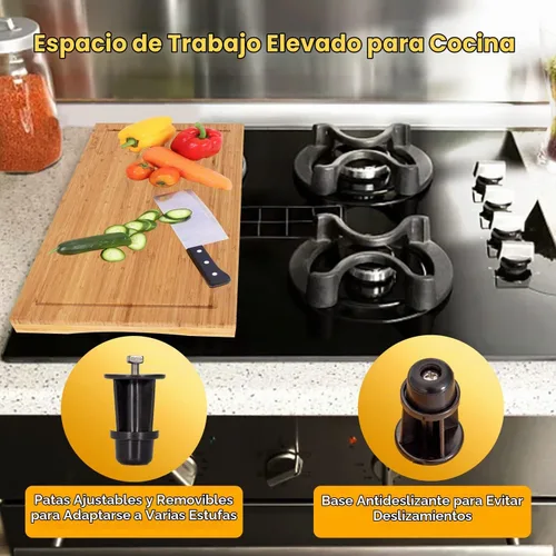 Vista 5 de Cubierta de bambú para estufa y tabla de cortar de encimera con patas ajustables, tabla de cortar de doble propósito para quemador de estufa