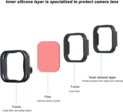 Vista 3 de Filtro subacuático para GoPro Hero 7 6 5 negro en color rojo y magenta ideal para esnórquel/buceo poco profundo, accesorios subacuáticos para Go Pro