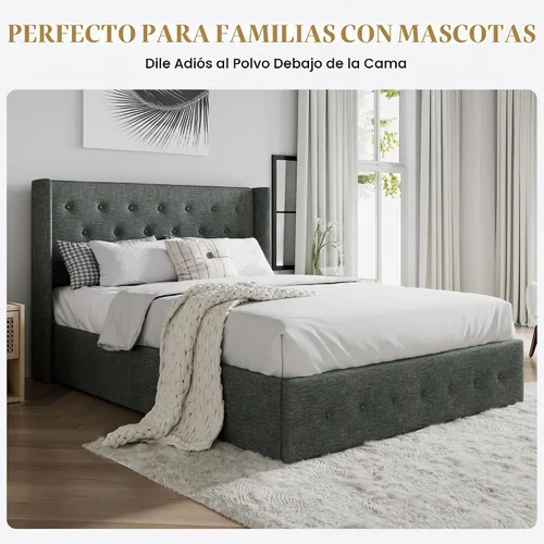 Vista 5 de SHA CERLIN Base de cama de tamaño completo con almacenamiento abatible, cabecera abombada con botón acolchado, plataforma tapizada, almacenamiento
