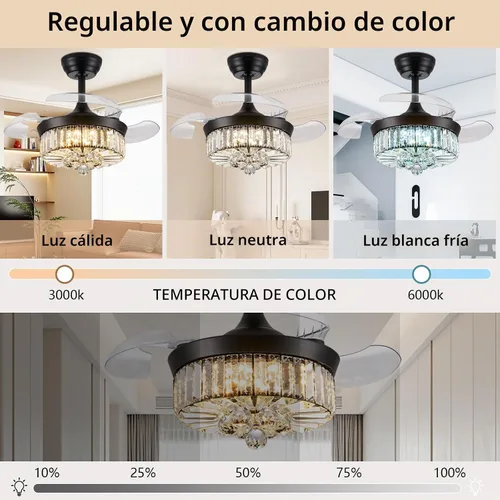 Vista 6 de DuMaiWay Ventilador de techo de 30 pulgadas con lámpara de cristal de luz, ventilador de techo reversible moderno, regulable, temporizador Negro