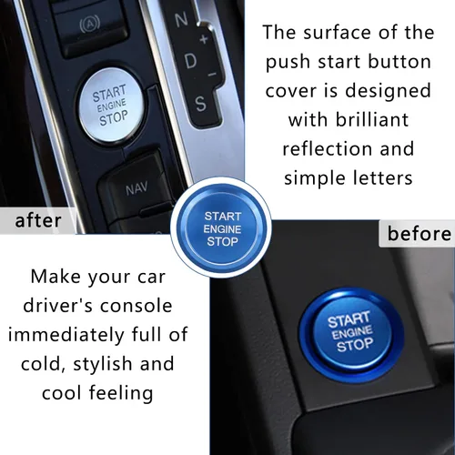 Vista 5 de Cubierta de botón de arranque para automóvil compatible con Audi, cubierta de aluminio para botón de arranque del motor con anillo de metal para Azul