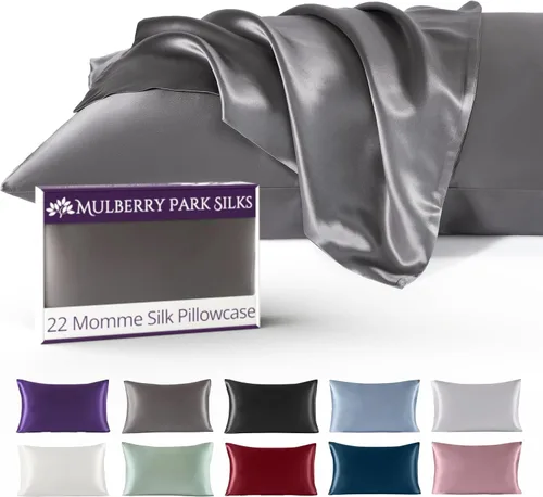 Vista 15 de Mulberry Park - Funda de almohada 100% seda, 22 mommes, seda de morera grado 6A, cierre de sobre profundo, color negro/estándar (20 x 26 pulgadas)