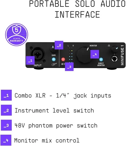 Vista 4 de Arturia MiniFuse 1 - Interfaz de audio USB compacta con software creativo para grabación, producción, podcasting, guitarra, color negro 1x Xlr and