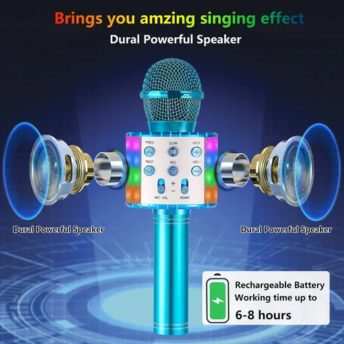 Vista 4 de Micrófono de karaoke para niños, inalámbrico Bluetooth portátil de mano, micrófono de karaoke para cantar, con luces LED, regalo para niñas, niños