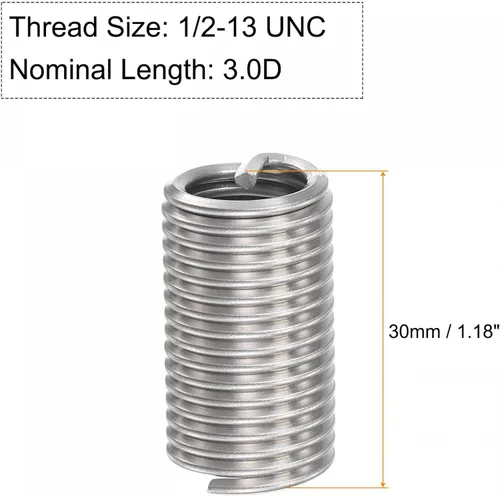 Vista 2 de uxcell Insertos de rosca de alambre 1/2-13 UNC 3.0D 304 Tipo helicoidal de acero inoxidable Reparación de tornillo de alambre en espiral Manga