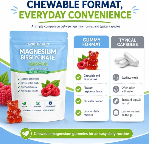 Vista 4 de Spnutrition Gomitas de bisglicinato de magnesio, 400 mg por porción, 60 unidades Sal marina, polvo de fruta de frambuesa, apoyo de bienestar