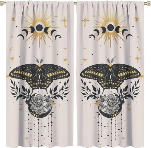 Vista 8 de Cortinas de mariposa de fantasía, polilla, sol, luna, estrella, arte floral, estampado floral, bolsillo para barra, cortinas opacas para ventana