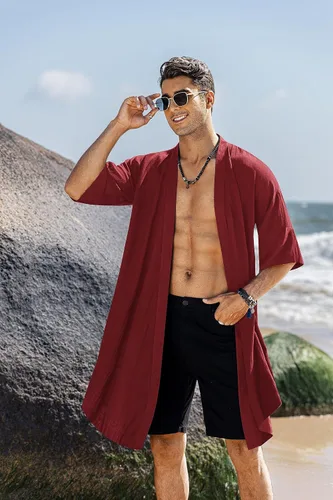 Vista 2 de COOFANDY Cárdigan de algodón con cuello de chal con volantes para hombre, chaqueta larga tipo kimono con parte delantera abierta