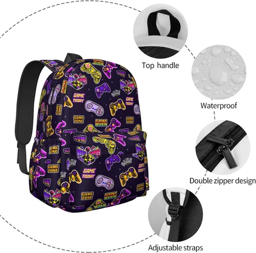 Vista 7 de Reorzon Mochila escolar para niños pequeños, videojuegos, casual, para jugadores, primaria, estudiantes, viajes, para niños y niñas