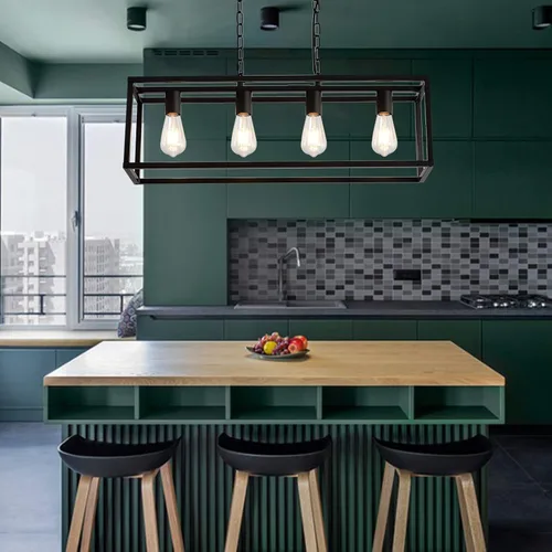 Vista 3 de Candelabros modernos, rectangular, color negro, 4 luces, accesorios de iluminación colgantes, jaula de isla de cocina, colgante lineal, lámpara