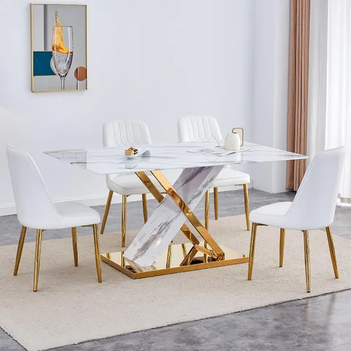 Vista 31 de Juego de mesa de comedor de mármol para mesa rectangular blanca de 6.63 pulgadas con marco de metal plateado en forma de X y 6 sillas de comedor