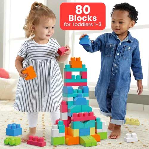 Vista 2 de MEGA BLOKS First Builders Toddler Blocks Toys Set, Big Building Bag with 80 Pieces and Storage, Red, Ages 1+ Years