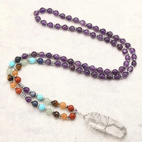 Vista 4 de Jovivi Collar de cristales curativos naturales de 7 chakras envuelto en alambre de cuarzo transparente colgante de árbol de la vida curativo