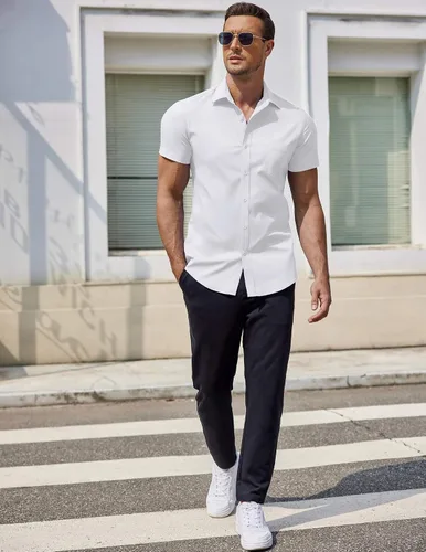 Vista 3 de COOFANDY Camisa de vestir de manga corta con botones y bolsillo para hombre