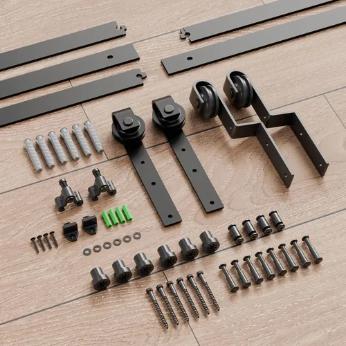 Vista 5 de CCJH Kit de herrajes para puerta corrediza de granero de 4 pies para 2 puertas, sistema de riel de un solo riel deslizante suavemente